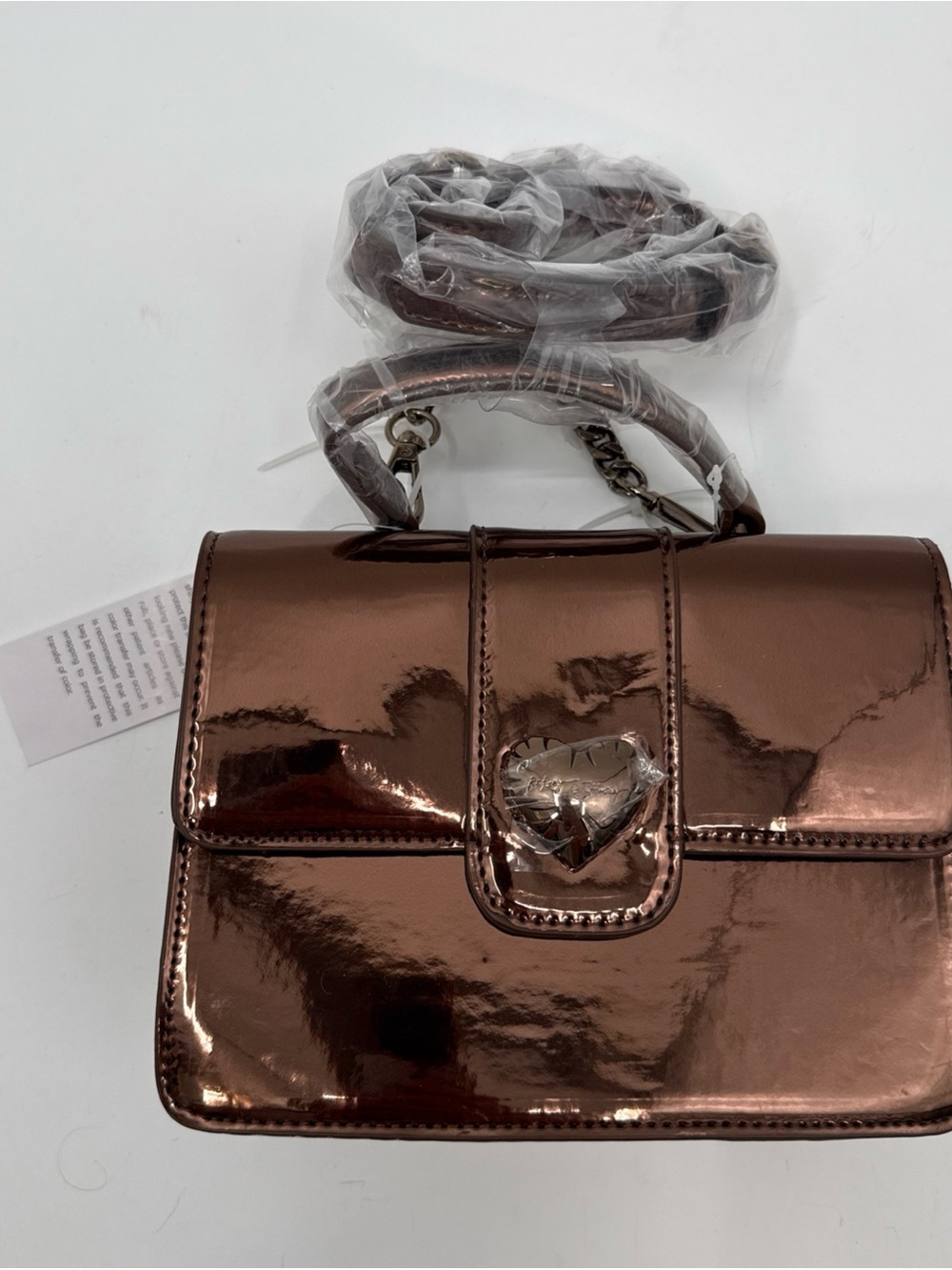 Betsey Johnson Metallic Brown Patent Heart Crossbody Bag